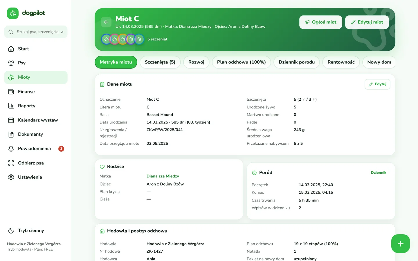 Litter profile in the Dogpilot web app on a computer