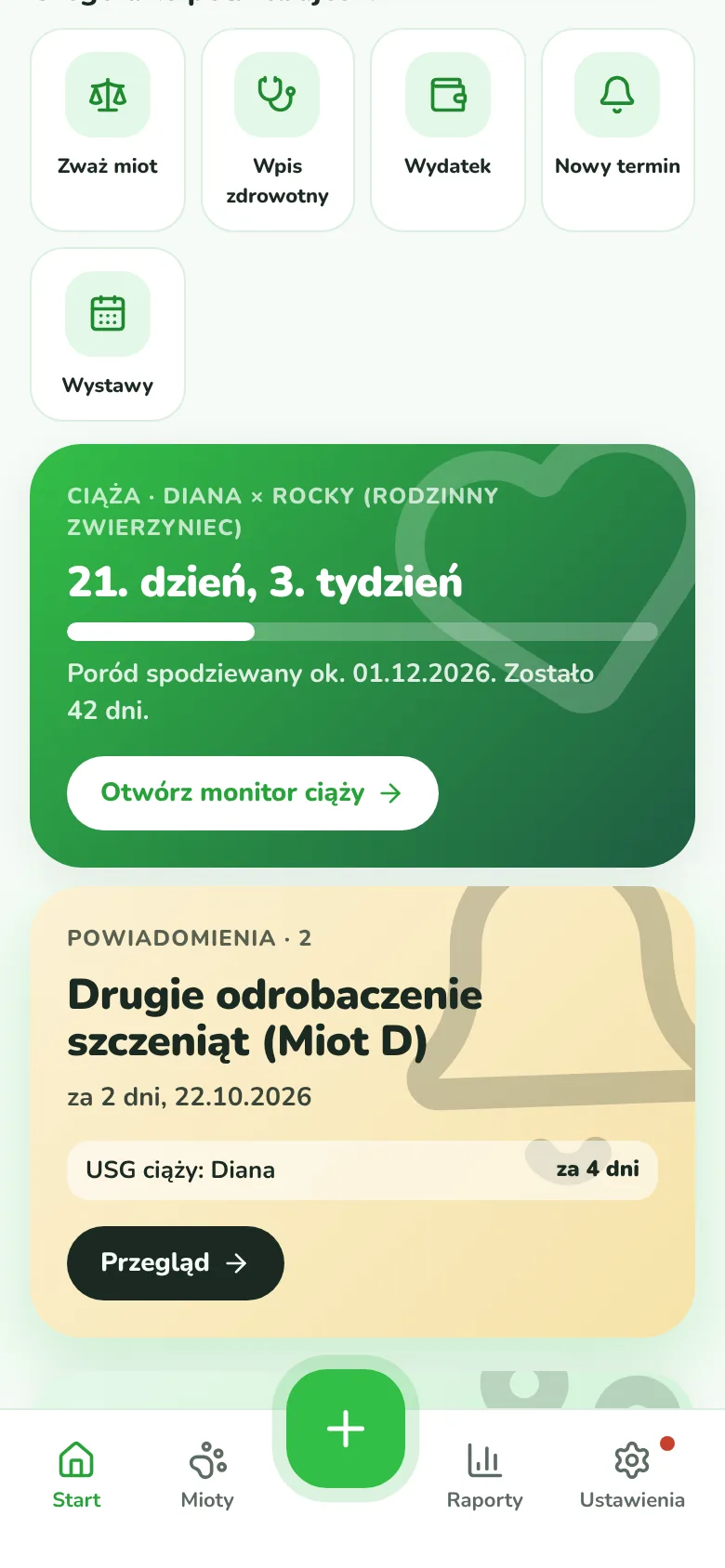 Dogpilot home screen: day summary, pregnancy, notifications